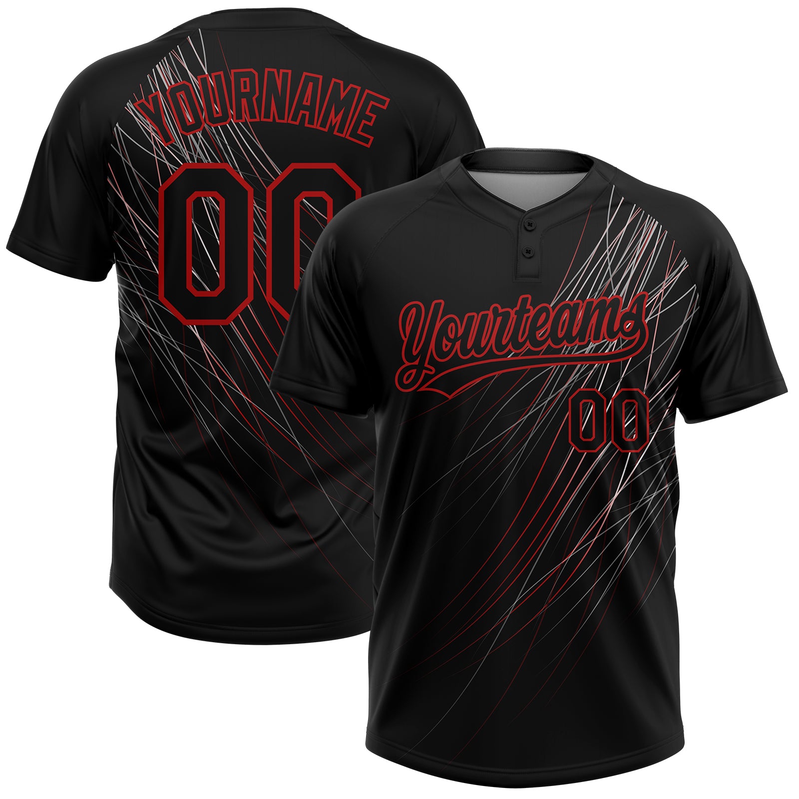 Custom Name Number Unisex Softball Jersey - Personalized Black-Red 3D Pattern Two-Button Design Personalized Black Black-Red
