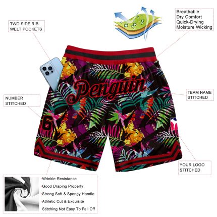 Stylish Personalized Black-Red 3D Tropical Palm Leaves Basketball Shorts Personalized Black Black-Red 3D Tropical Palm Leaves