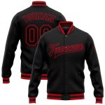Personalized Black Red Bomber Varsity Letterman Jacket for Men Women 2 Personalized Black Black-Red Bomber Full-Snap Varsity