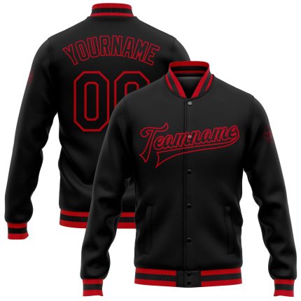 Personalized Black Red Bomber Varsity Letterman Jacket for Men Women 2 Personalized Black Black-Red Bomber Full-Snap Varsity