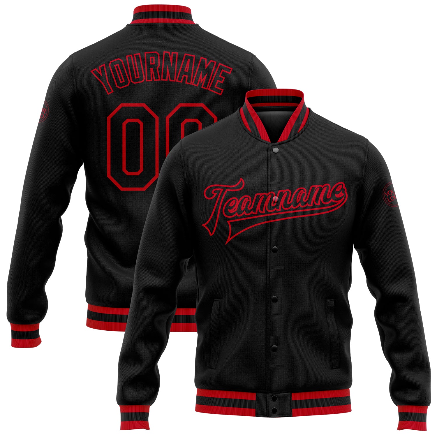 Personalized Black Red Bomber Varsity Letterman Jacket for Men Women 2 Personalized Black Black-Red Bomber Full-Snap Varsity