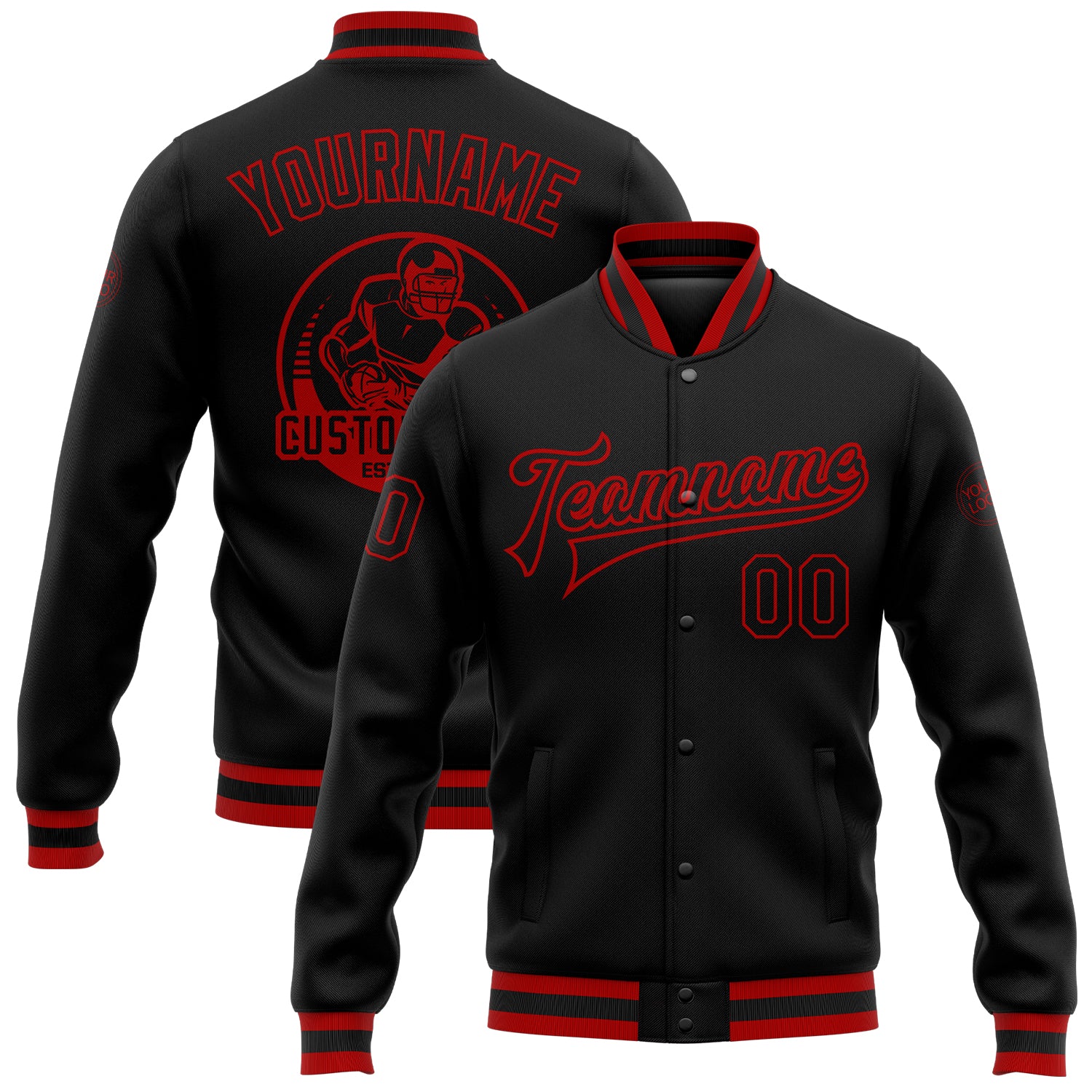 Personalized Black Red Bomber Varsity Jacket Full-Snap Letterman Jacket Personalized Black Black-Red Bomber Full-Snap Varsity