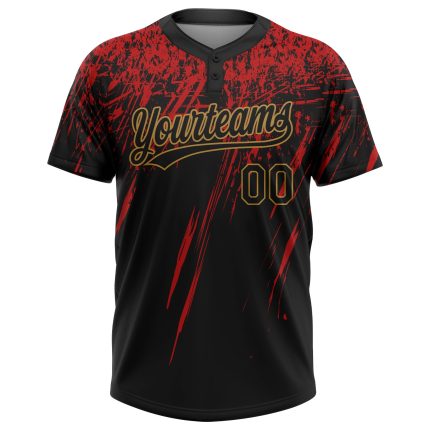 Personalized Softball Jersey with Custom Name and Number, Black Red Old Gold 3D Pattern, Unisex Two-Button Design Personalized