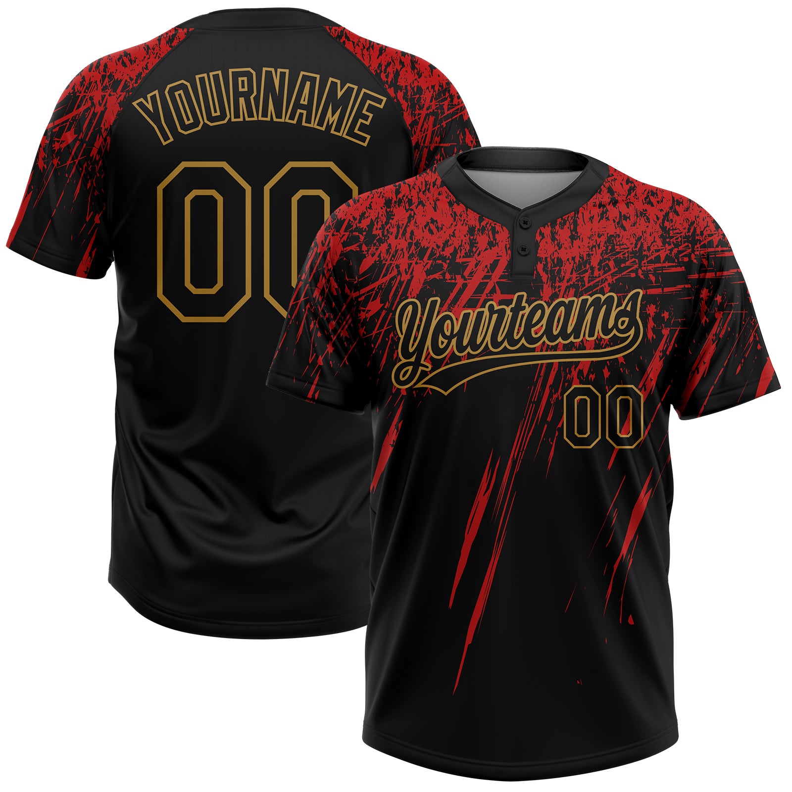 Personalized Softball Jersey with Custom Name and Number, Black Red Old Gold 3D Pattern, Unisex Two-Button Design Personalized