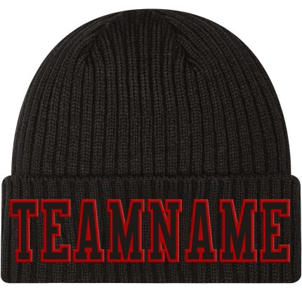 Personalized Black-Red Stitched Cuffed Knit Hat for Men and Women Personalized Black Black-Red Stitched Cuffed Knit Hat