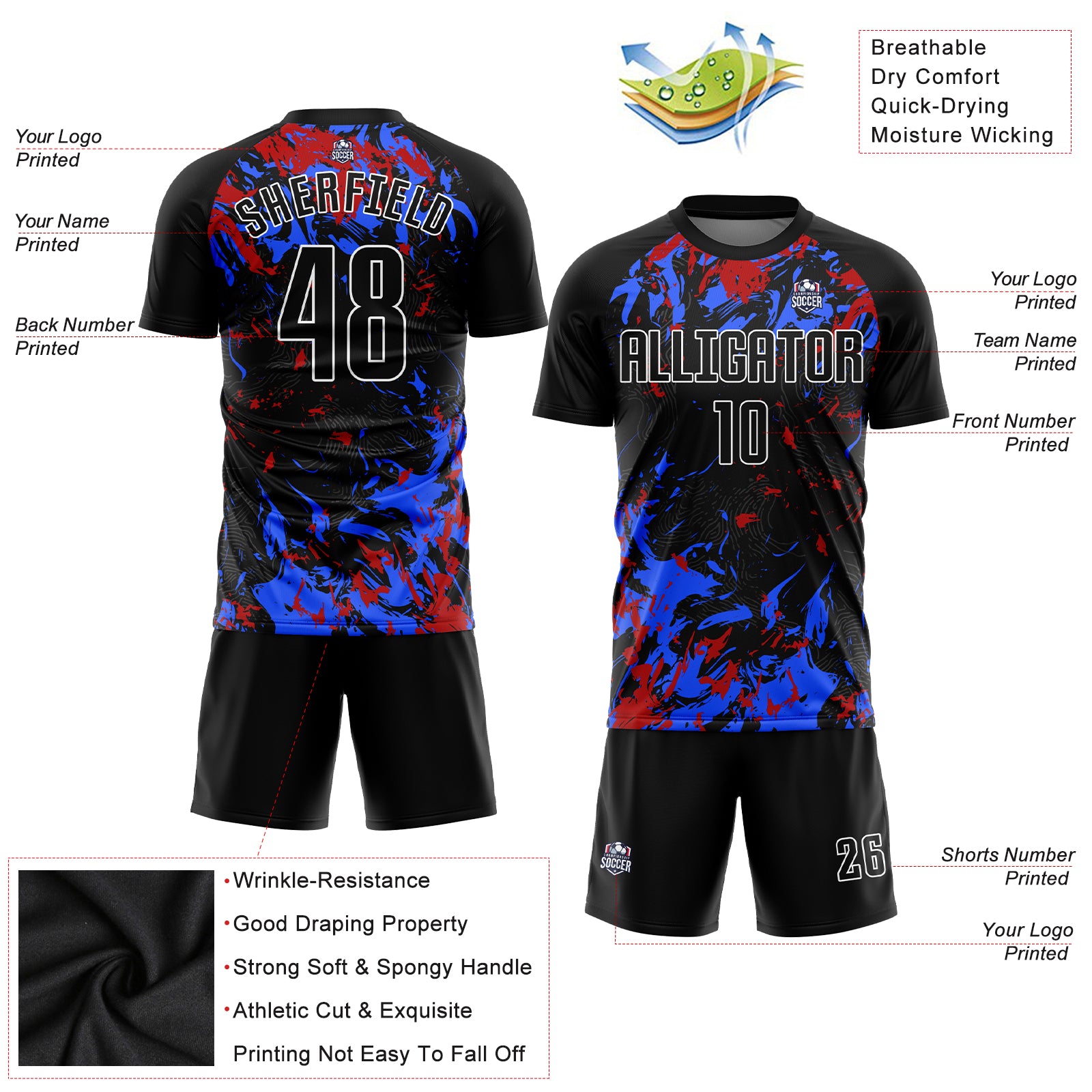 Personalized Sublimation Soccer Jersey - Black Royal-Red Uniform Personalized Black Black Royal-Red Sublimation Soccer Uniform - Image 3