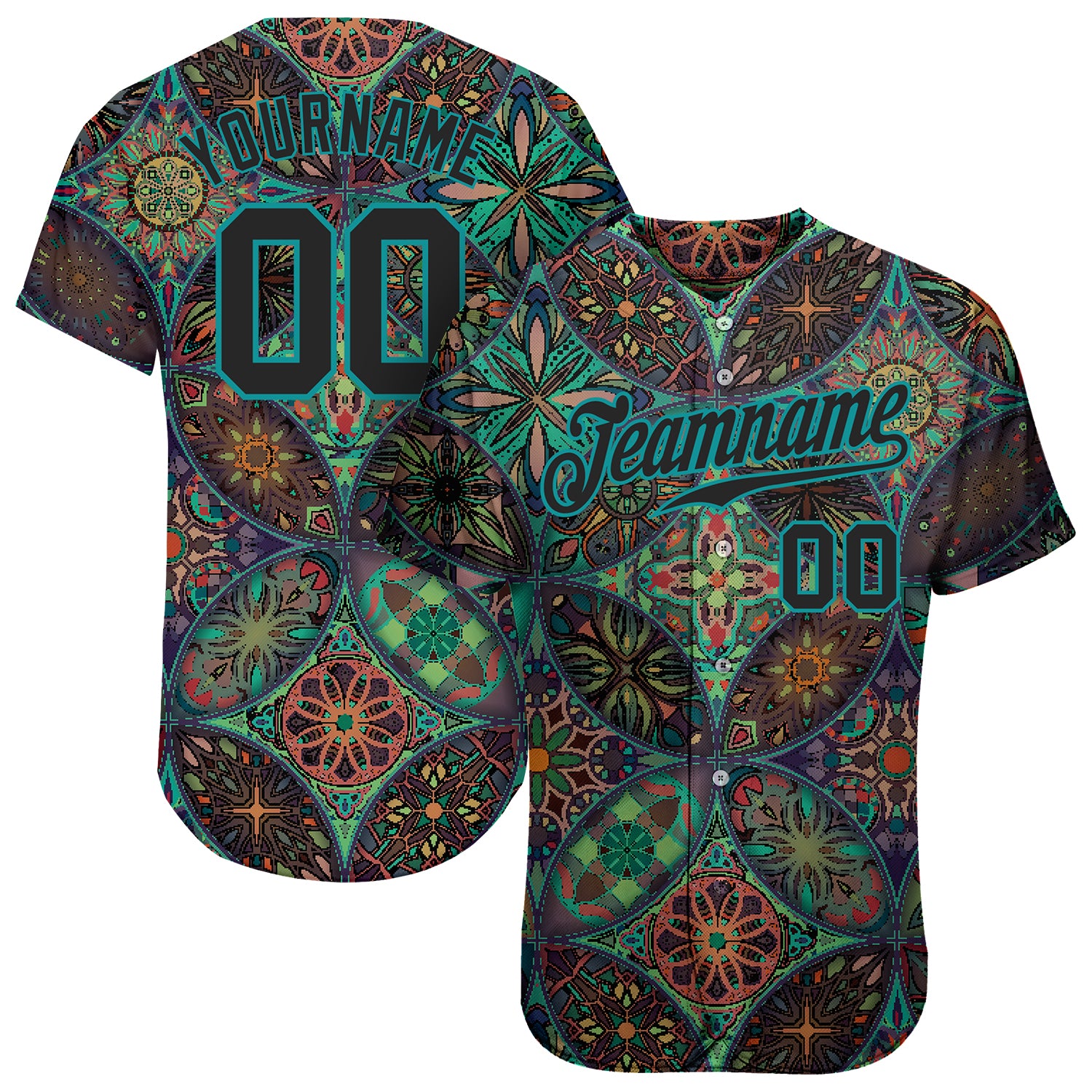 Customizable Black Teal 3D Mandala Baseball Jersey with Name and Number - Authentic Team Apparel Personalized Black Black-Teal