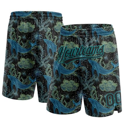 Personalized 3D Whale Fish Basketball Shorts Black Teal Colorful Design Personalized Black Black-Teal 3D Whale And Fish Basketball