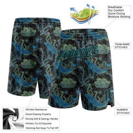 Personalized 3D Whale Fish Basketball Shorts Black Teal Colorful Design Personalized Black Black-Teal 3D Whale And Fish Basketball