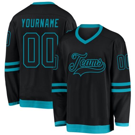 Custom Black and Teal Hockey Jersey - Personalized Team Name and Number Personalized Black Black-Teal Hockey Jersey Team
