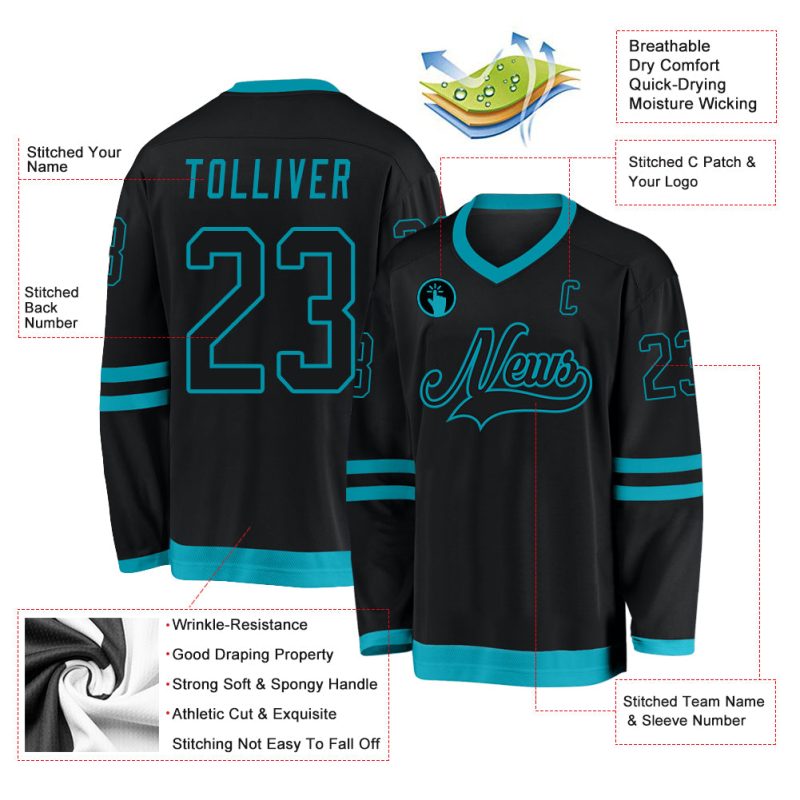 Custom Black and Teal Hockey Jersey - Personalized Team Name and Number Personalized Black Black-Teal Hockey Jersey Team