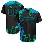 Custom Name and Number Authentic Baseball Jersey - Personalized 3D Pattern in Black Teal and Light Blue Personalized Black