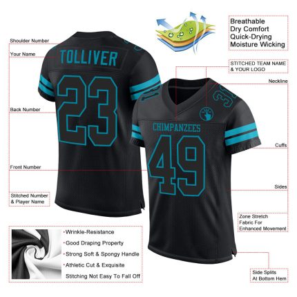 Customizable Black-Teal Mesh Football Jersey with Team Name and Number - Authentic Personalized Sports Apparel Personalized