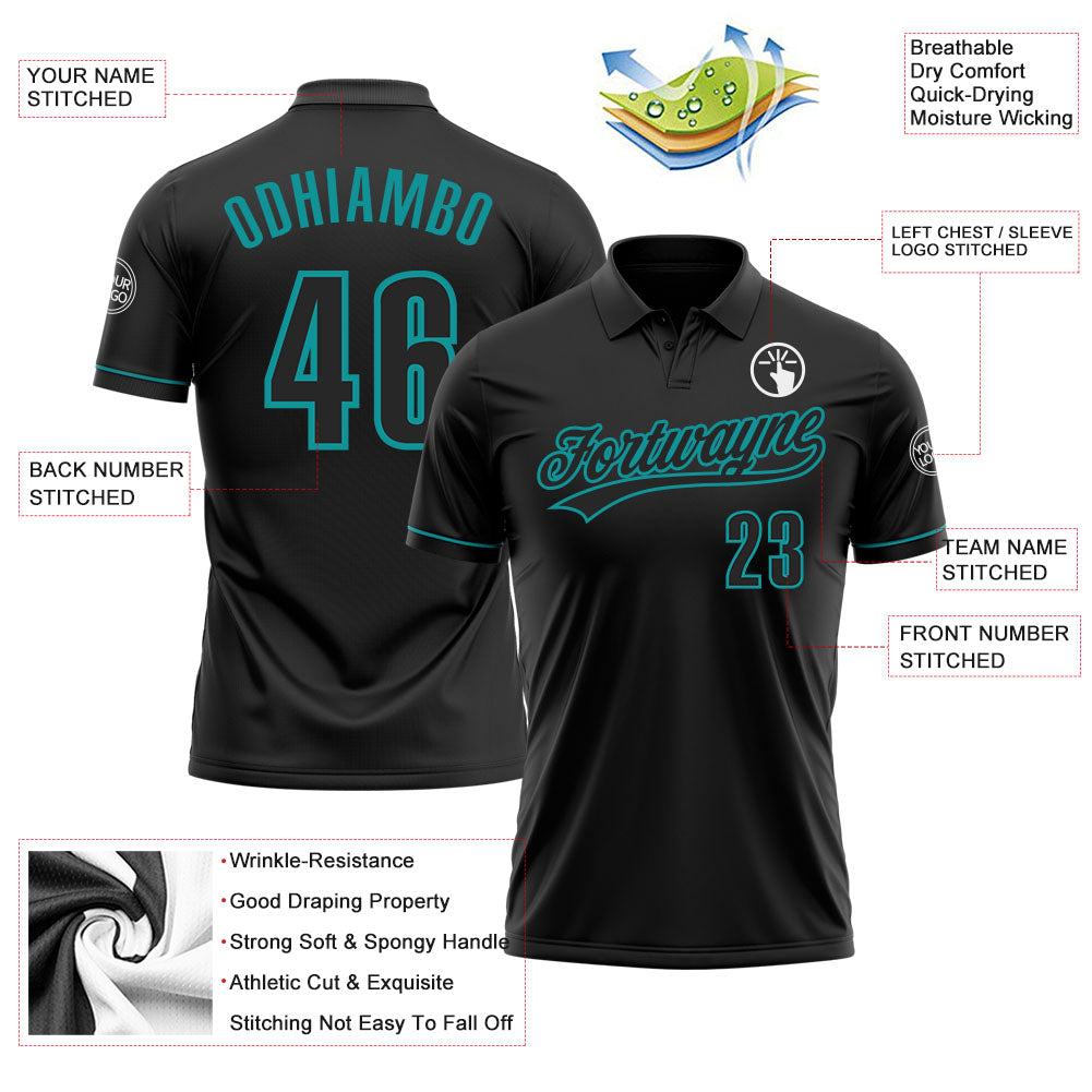 Personalized Black Black-Teal Performance Vapor Golf Polo Shirt Team Custom Name and Number Custom Black Teal Performance Vapor Golf Polo Shirt with Name & Number - Personalized Team Apparel Personalized Black Black-Teal - Image 3