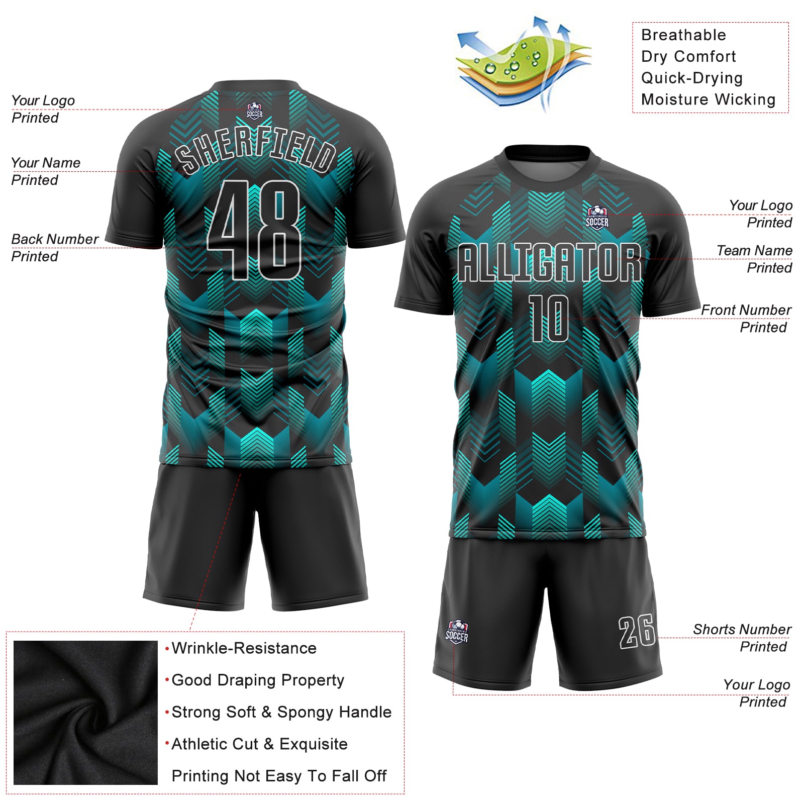 Personalized Black Black-Teal Sublimation Soccer Uniform Jersey Personalized Black and Teal Soccer Jersey Uniform for Kids and Adults Personalized Black Black-Teal Sublimation Soccer Uniform - Image 3