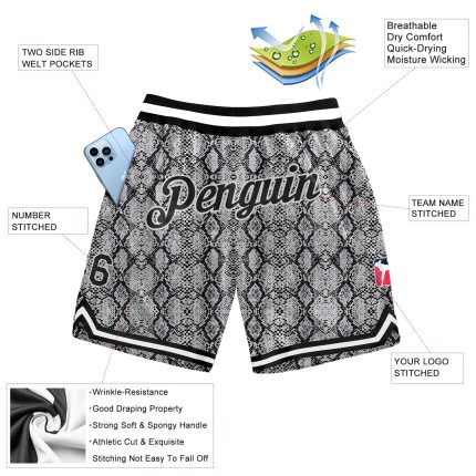 Personalized 3D Snakeskin Basketball Shorts Black White for Men Personalized Black Black-White 3D Snakeskin Basketball Shorts