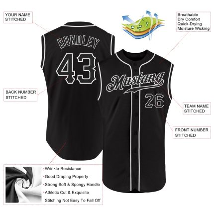 Custom Name and Number Personalized Black and White Sleeveless Baseball Jersey - Team Authentic Apparel Personalized Black