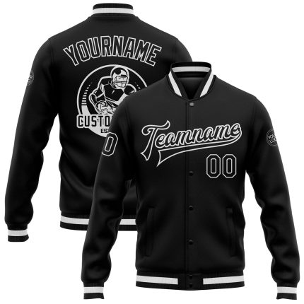 Personalized Black and White Varsity Letterman Bomber Jacket for Men Personalized Black Black-White Bomber Full-Snap Varsity