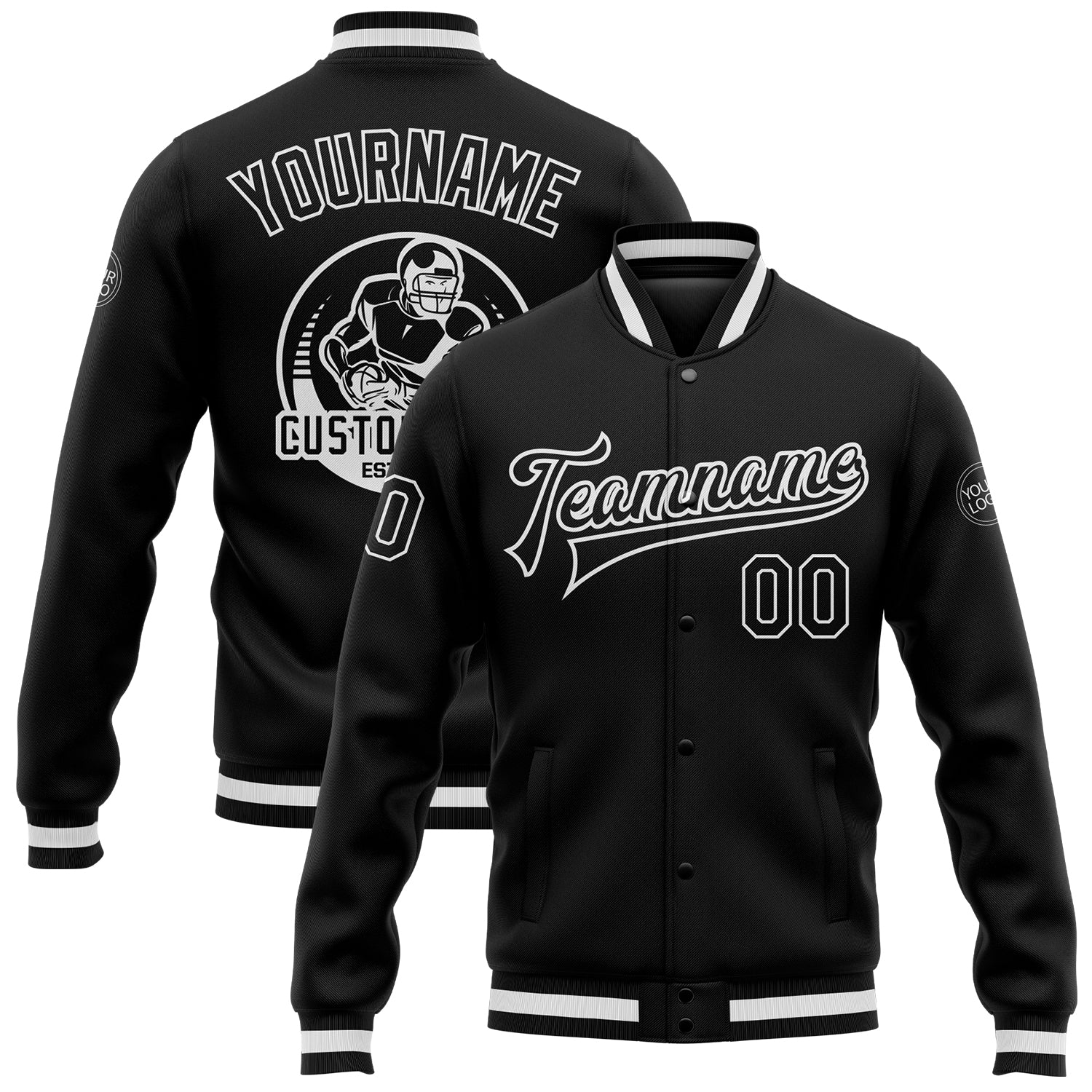 Personalized Black White Varsity Letterman Full-Snap Bomber Jacket Personalized Black Black-White Bomber Full-Snap Varsity