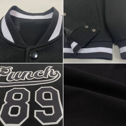 Personalized Black White Varsity Letterman Full-Snap Bomber Jacket Personalized Black Black-White Bomber Full-Snap Varsity
