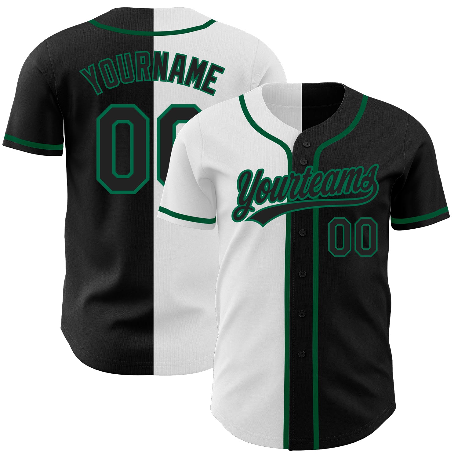 Personalized Black White Kelly Green Split Fashion Baseball Jersey for Men Personalized Black Black White-Kelly Green Split