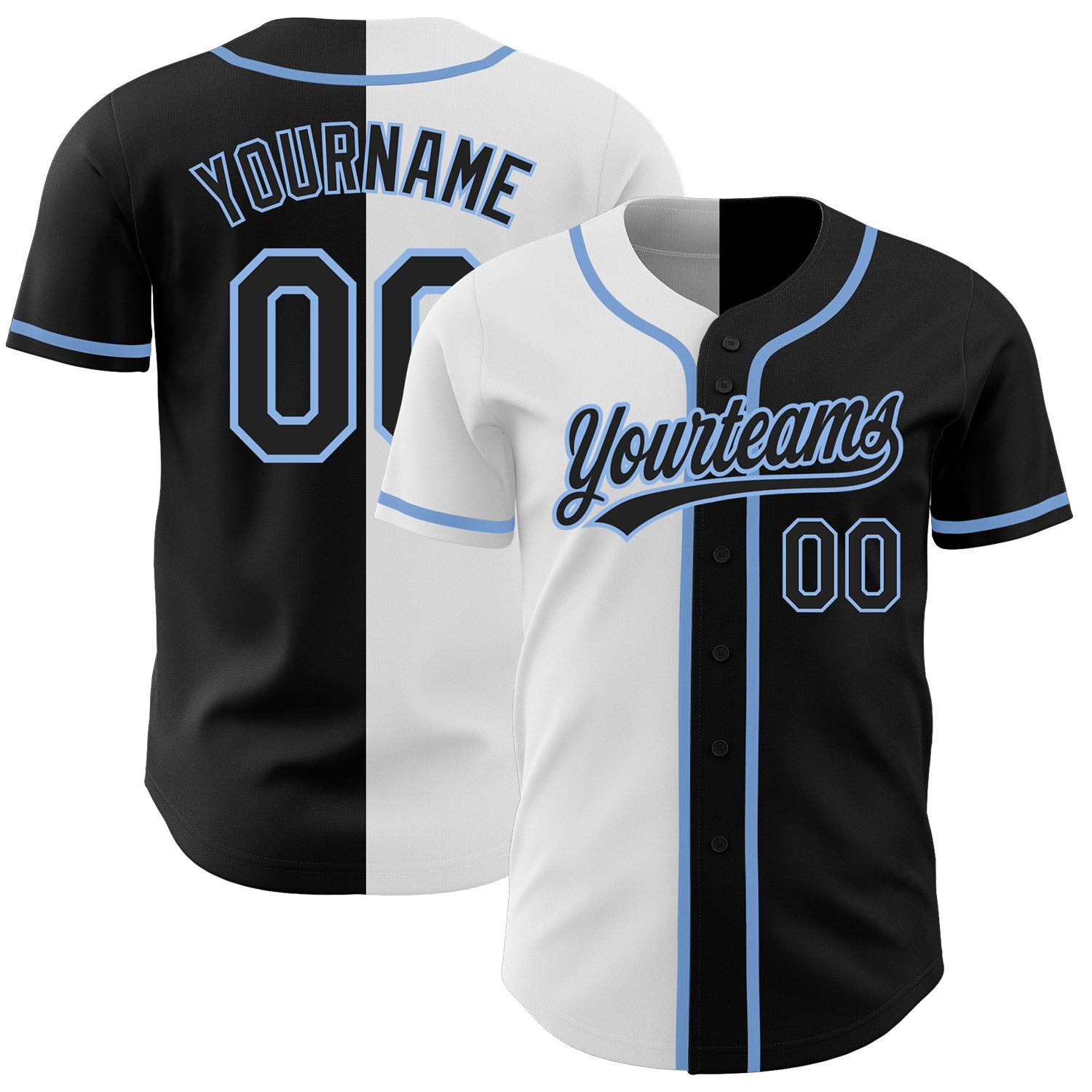 Personalized Black and Light Blue Split Fashion Baseball Jersey - Custom Sportswear Personalized Black Black White-Light