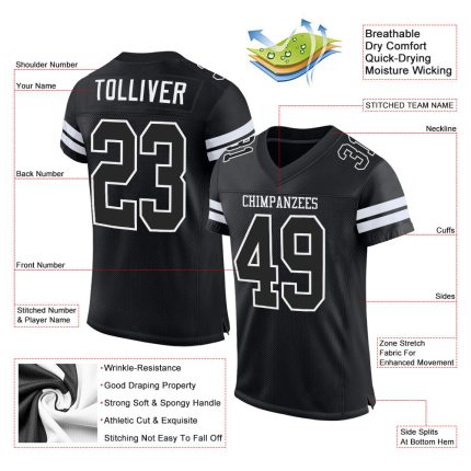 Personalized Black and White Mesh Football Jersey Custom Sports Apparel Personalized Black Black-White Mesh Football Jersey