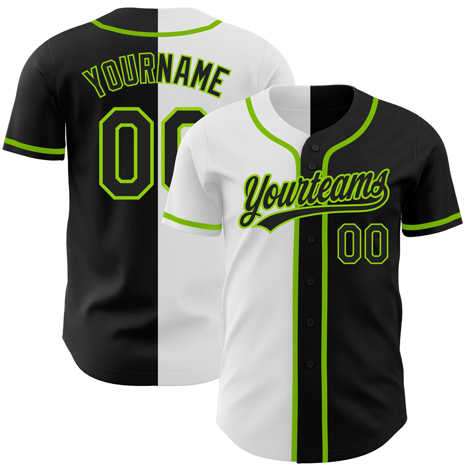 Personalized Neon Green Black and White Split Baseball Jersey - Stylish Fashion Apparel Personalized Black Black White-Neon