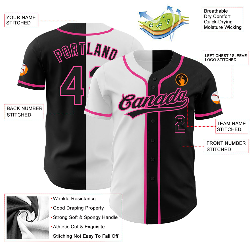 Personalized Black White Pink Split Fashion Baseball Jersey for Men and Women Personalized Black Black White-Pink Split Fashion - Image 3