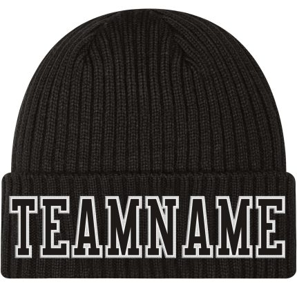 Personalized Black White Stitched Cuffed Knit Hat for Men and Women Personalized Black Black-White Stitched Cuffed Knit Hat