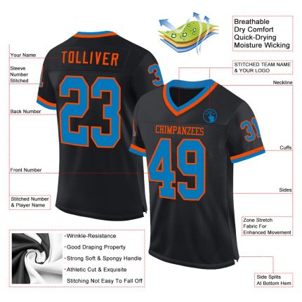 Personalized Authentic Football Jersey with Custom Name & Number - Black Blue-Orange Mesh Throwback Design Personalized Black