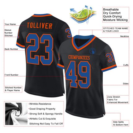 Personalized Throwback Football Jersey in Black Blue-Orange Mesh Personalized Black Blue-Orange Mesh Throwback Football Jersey