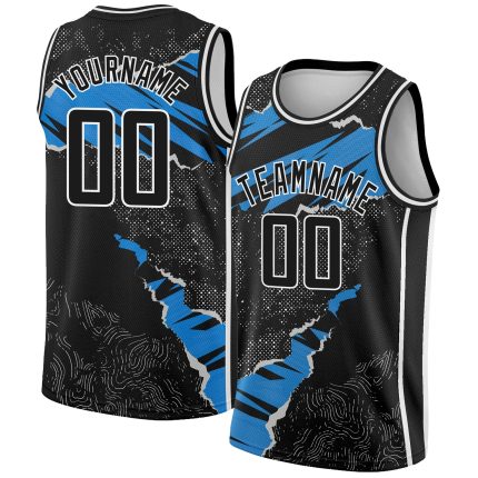 Custom 3D Torn Paper Style Basketball Jersey in Black Blue-White, Personalized Design Personalized Black Blue-White 3D Torn