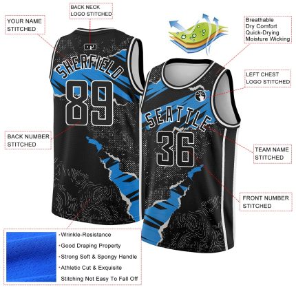 Custom 3D Torn Paper Style Basketball Jersey in Black Blue-White, Personalized Design Personalized Black Blue-White 3D Torn