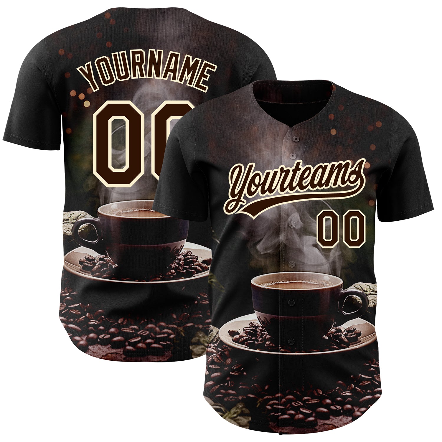 Custom Name and Number Baseball Jersey for International Coffee Day - Personalized 3D Pattern Design in Black, Brown, and Cream