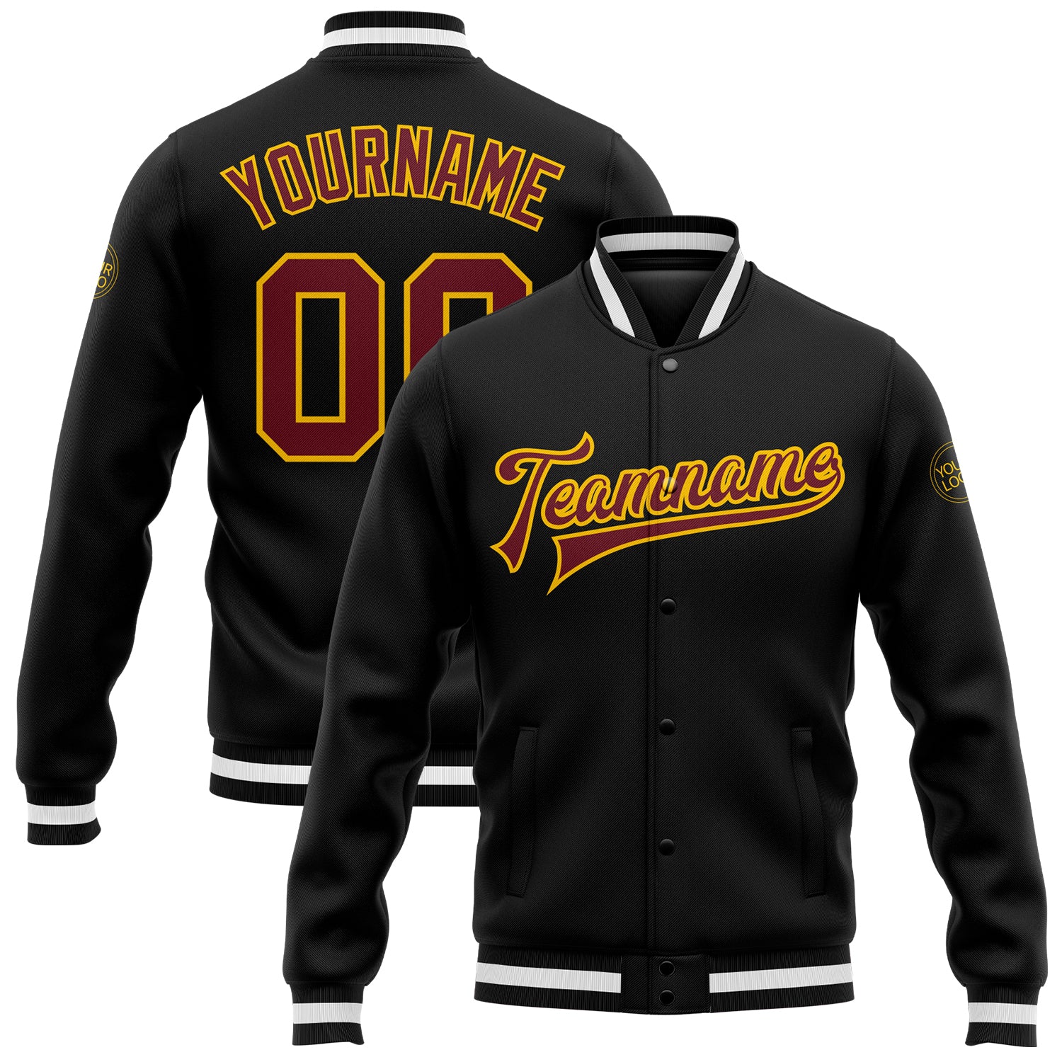 Custom Name Number Varsity Letterman Jacket Black Burgundy Gold Bomber Personalized Black Burgundy-Gold Bomber Full-Snap
