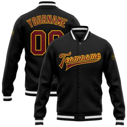 Personalized Black Burgundy Gold Varsity Bomber Full-Snap Letterman Jacket Personalized Black Burgundy-Gold Bomber Full-Snap