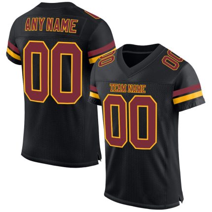 Custom Football Jersey with Personalized Name & Number, Black Burgundy-Gold Mesh Authentic Design Personalized Black Burgundy-Gold
