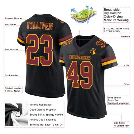 Personalized Football Jersey in Black with Burgundy and Gold Mesh Design Personalized Black Burgundy-Gold Mesh Football Jersey