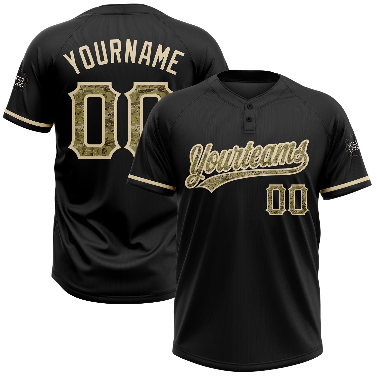 Custom Name and Number Unisex Softball Jersey - Personalized Black Camo-City Cream Two-Button Design Personalized Black Camo-City