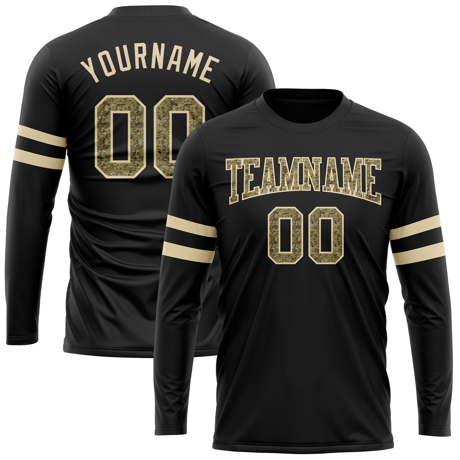 Custom Team Name Number Black Camo Cream Long Sleeve Performance T-Shirt Personalized Black Camo-Cream Long Sleeve Performance