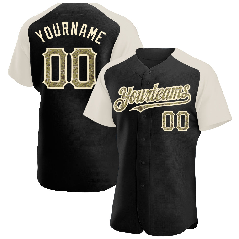 Custom Black Camo Cream Baseball Jersey with Raglan Sleeves Personalized Black Camo-Cream Raglan Sleeves Baseball Jersey