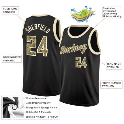 Custom Name and Number Black Camo Cream Basketball Jersey Rib-Knit Round Neck Personalized Team Gear Personalized Black Camo-Cream