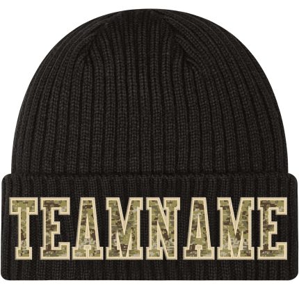 Custom Name and Number Personalized Black Camo Knit Hat with Cuffed Design Personalized Black Camo-Cream Stitched Cuffed