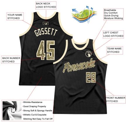 Personalized Black Camo Basketball Jersey - Retro Throwback Style Personalized Black Camo-Cream Throwback Basketball Jersey