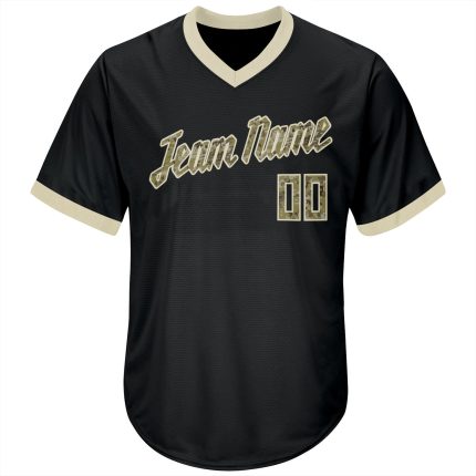 Personalized Black Camo Baseball Jersey Shirt - Cream Throwback Rib-Knit Style Personalized Black Camo-Cream Throwback Rib-Knit