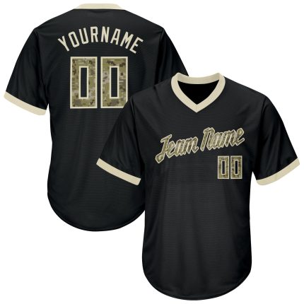 Personalized Black Camo Baseball Jersey Shirt - Cream Throwback Rib-Knit Style Personalized Black Camo-Cream Throwback Rib-Knit