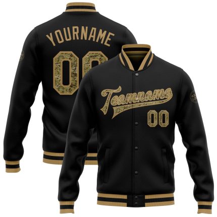 Custom Black Camo Old Gold Varsity Letterman Bomber Jacket Full Snap Personalized Black Camo-Old Gold Bomber Full-Snap Varsity