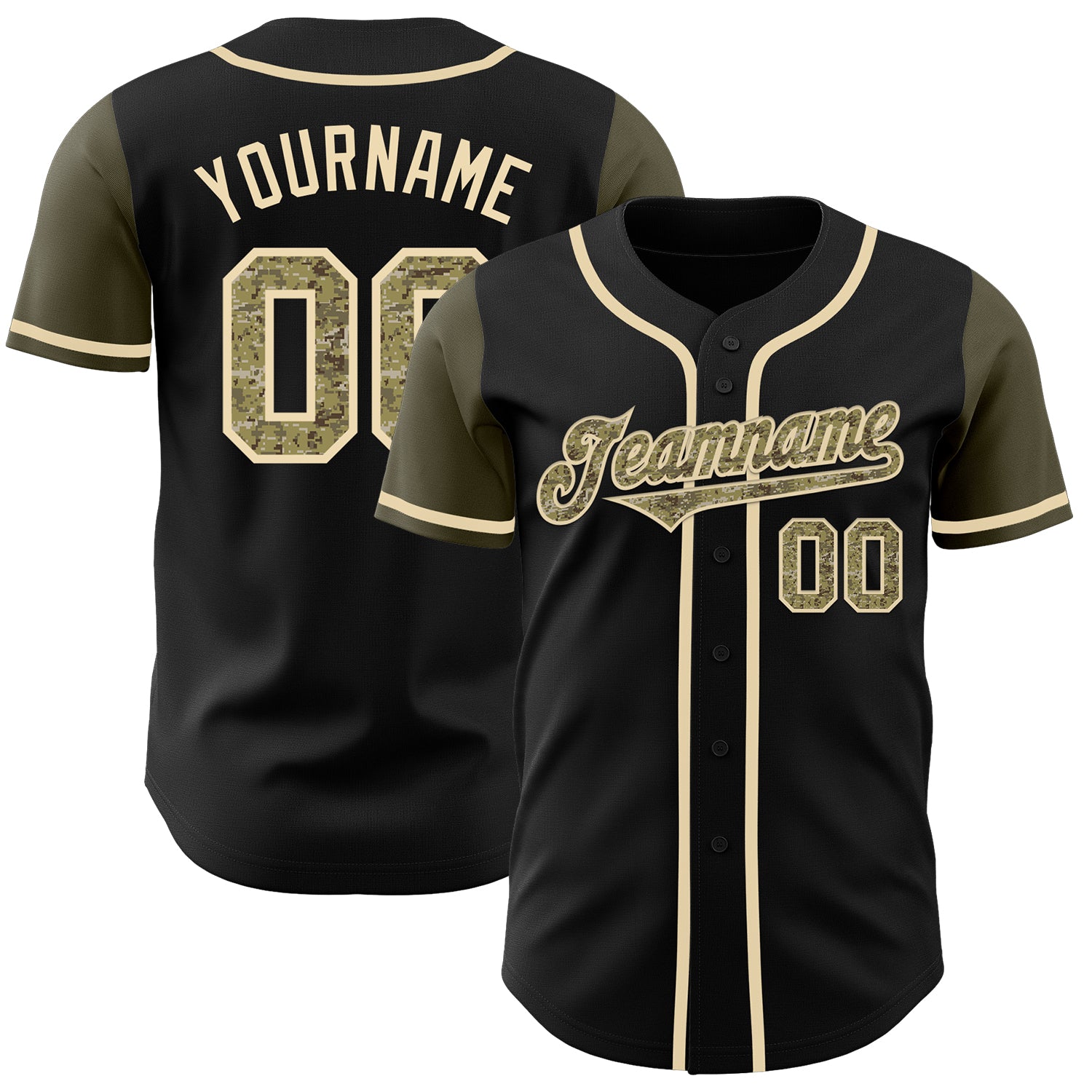 Personalized Camo Baseball Jersey with Custom Name and Number, Black and Olive Two Tone Authentic Design Personalized Black