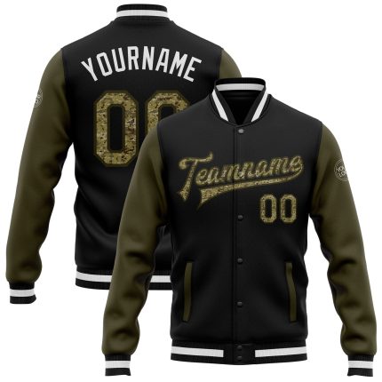 Personalized Bomber Jacket Black Camo Olive Two Tone Full-Snap Varsity Letterman Personalized Black Camo-Olive Bomber Full-Snap